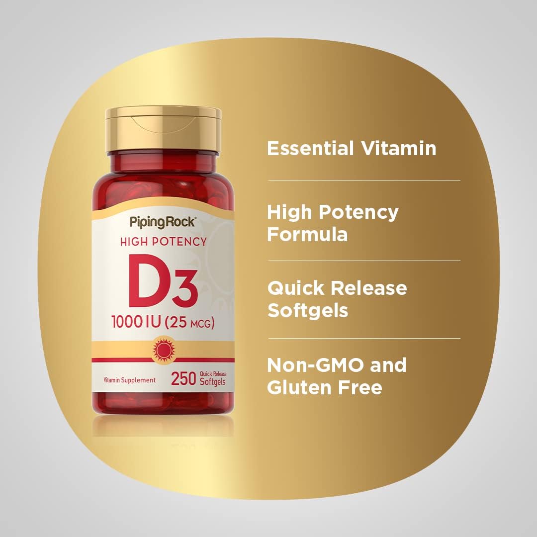 Piping Rock Vitamina D3 1000 UI (25 mcg) | 250 Cápsulas Blandas | Suplemento No-GMO, Sin Gluten