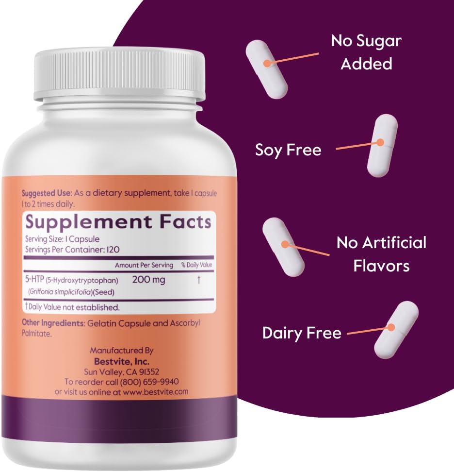 BESTVITE 5-HTP 200mg por Cápsula (240 Cápsulas) - Sin Estearatos - Sin OGM - Sin Gluten