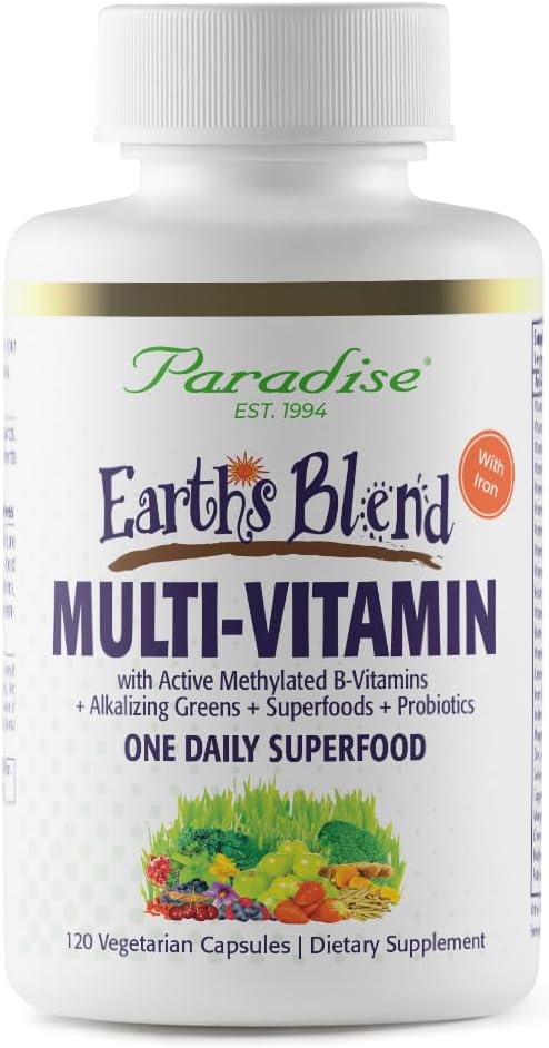 Paradise Herbs Earth's Blend Multivitamínico con Hierro, 48 Superalimentos, Probióticos, 120 Cápsulas