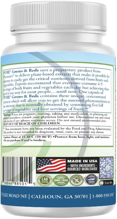 PURE® Greens & Reds Cápsulas - 30 Servicios - 9 Raciones Diarias de Frutas y Verduras en 1 Cápsula - Mezcla de Superalimentos PhytoServ® con Brócoli, Kale y Bayas - Escudo Fitonutriente de Base Vegetal