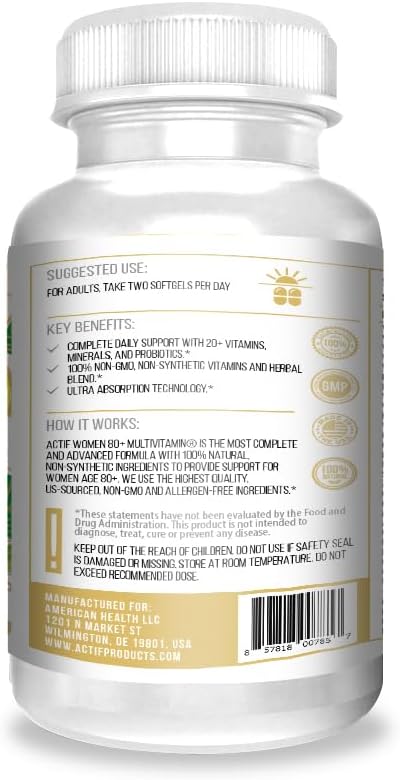 ACTIF Multivitamínico Orgánico para Mujeres Mayores de 80 Años con 20+ Factores Avanzados y Omega-3 – No OGM, 90 Cápsulas