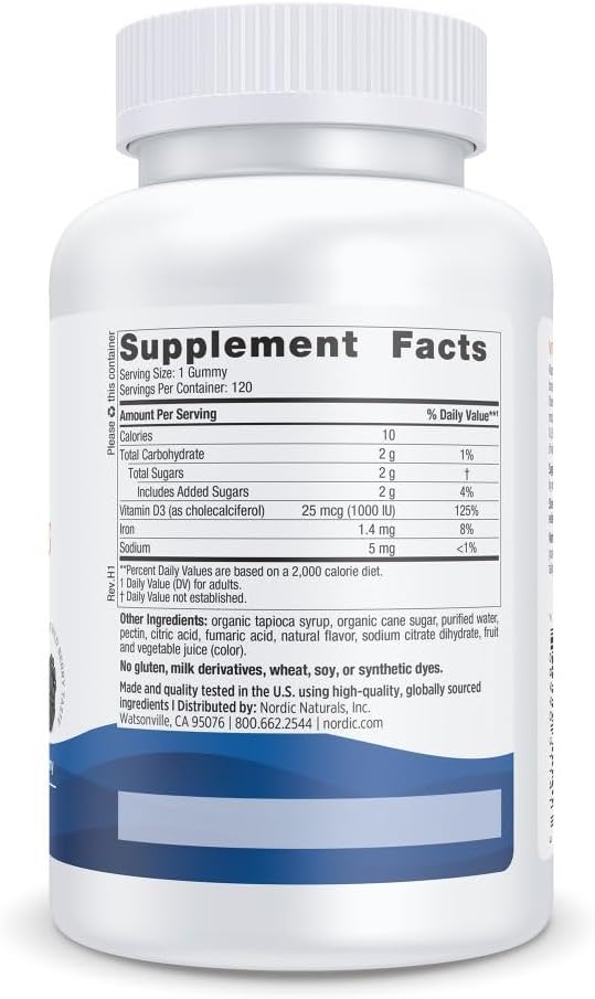 Nordic Naturals Vitamin D3 & Iron Gummies, Wild Berry Flavor - 120 Gummies - 1000 IU Vitamin D3, 1.4 mg Iron