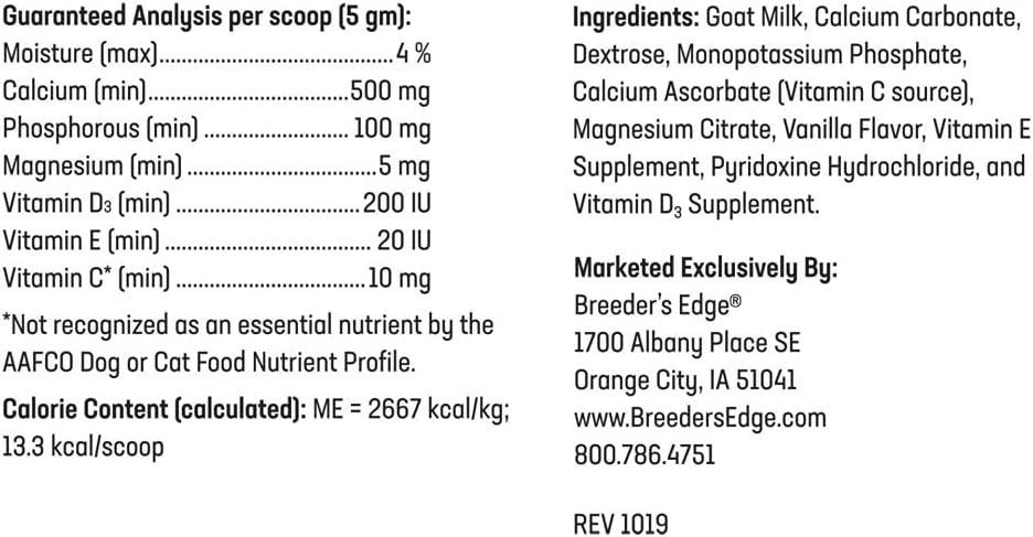 Breeder’s Edge Oral Cal Plus Powder - Calcio y Vitamina D3 para Perros y Gatos Lactantes, 300g