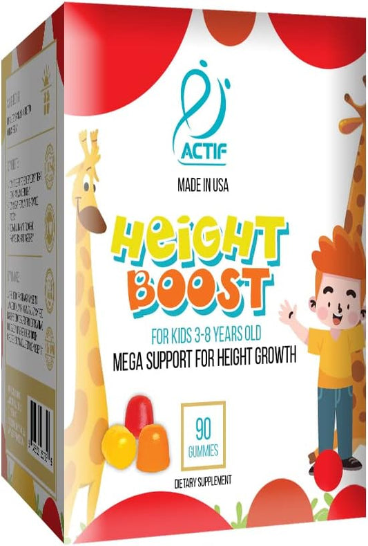 Actif Height Boost Mega Support para Niños de 3 a 8 Años, Fórmula de Crecimiento con 10+ Factores, 60 Gominolas, Sabor Fresa