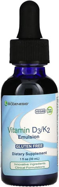 Nutra BioGenesis Vitamina D3/K2 Emulsión - Gotas líquidas de vitamina D con aceite MCT, suplemento de D3 K2 para adultos y niños, gotero sublingual - 30 ml