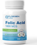 Puregen Labs Ácido Fólico 1000 mcg Comprimidos | Vitamina B9 | No GMO | Sin Gluten | Tamaño Económico 1000 Comprimidos