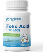 Puregen Labs Ácido Fólico 1000 mcg Comprimidos | Vitamina B9 | No GMO | Sin Gluten | Tamaño Económico 1000 Comprimidos
