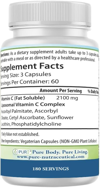 PURE® Vitamina C Liposomal 2100 mg - 180 Cápsulas, 60 Dosis - Alta Absorción con Lecitina de Girasol - Antioxidante para el Sistema Inmunitario y Colágeno - Fabricado en EE. UU.