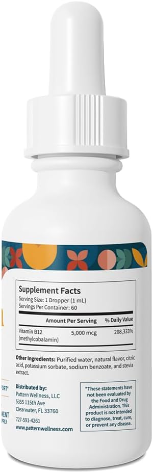 Pattern Wellness Vitamina B12 5000 mcg Gotas Sublinguales - Metilcobalamina, Energía y Sistema Inmunitario - Sabor Cítrico Vegano - 60 mL