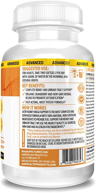 Actif Kidney Mega Support with 10+ Advanced Factors, Supports Healthy Kidney Function, Kidney Cleansing, Non-GMO, Fast-Acting, Made in USA, 120 Tablets