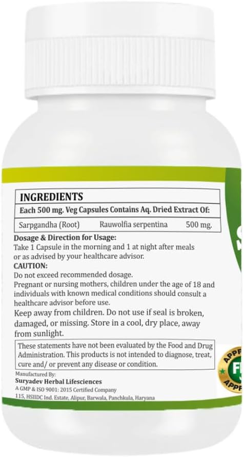 Cápsulas de Sarpgandha (Rauwolfia serpentina) de Morsan Healthcare, Paquete de 4 x 60 cápsulas veganas de 500 mg