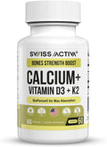 Calcio con Vitamina D3 y K2 – Swiss Activa+ Labs – Vegano, No-GMO – 60 Días