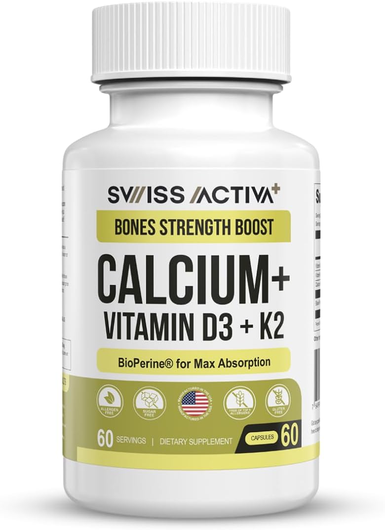 Calcio con Vitamina D3 y K2 – Swiss Activa+ Labs – Vegano, No-GMO – 60 Días