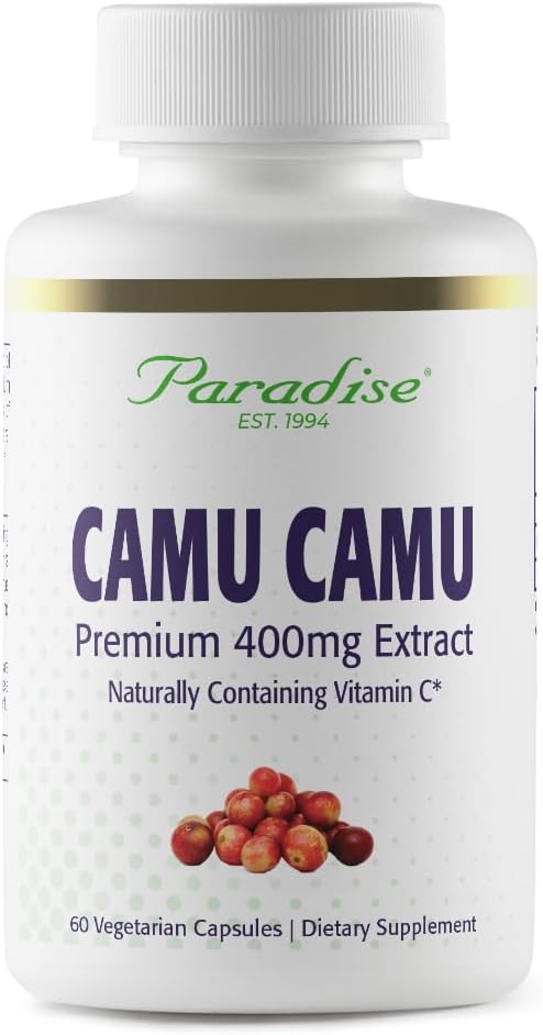 Paradise Herbs, Extracto Orgánico de Camu Camu, 400 mg, Rico en Vitamina C, Puro y Potente, Sin Gluten, No GMO, Vegano, 60 Cápsulas