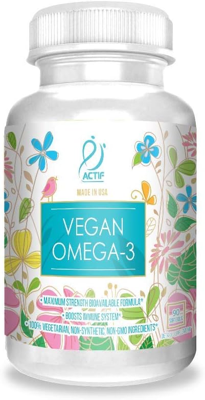 Actif Vegan Omega-3: Aceite de Algas de Alta Concentración, DHA y EPA Orgánicos, 90 Cápsulas