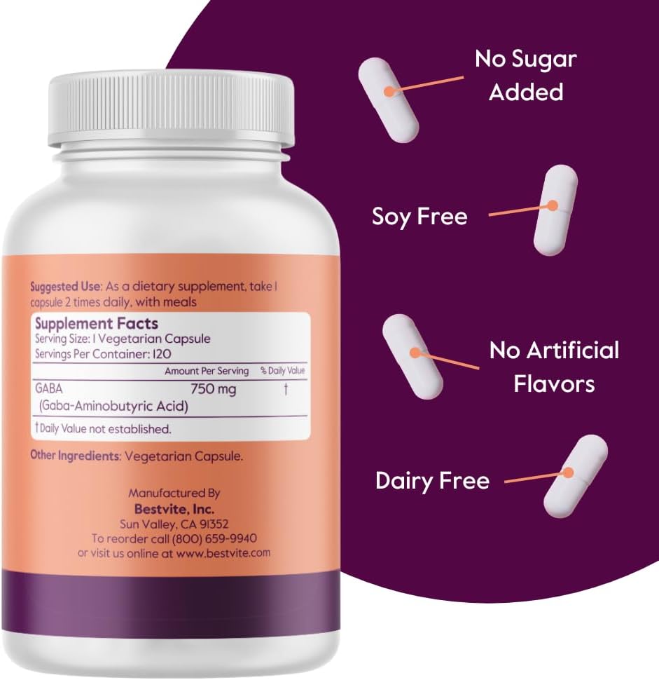 BESTVITE GABA 750mg por Cápsula - 240 Cápsulas Vegetarianas - Sin Estearatos - Vegano - Sin Gluten - No GMO