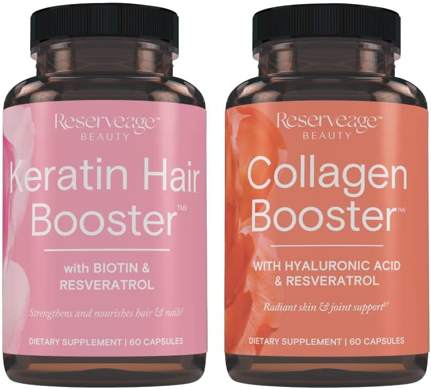 Reserveage Ultra Collagen Booster y Keratin Hair Booster - Cápsulas de Colágeno y Keratina con Dermaval, Biotina y Resveratrol - Apoyo para Piel y Cabello (60+60 cápsulas)