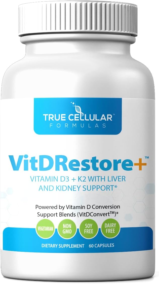 True Cellular Formulas VITDRestore+™ - Vitamina D3 + K2 con Apoyo Hepático y Renal | Sin Soja, No GMO, Vegano, 30 Días