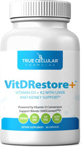 True Cellular Formulas VITDRestore+™ - Vitamina D3 + K2 con Apoyo Hepático y Renal | Sin Soja, No GMO, Vegano, 30 Días