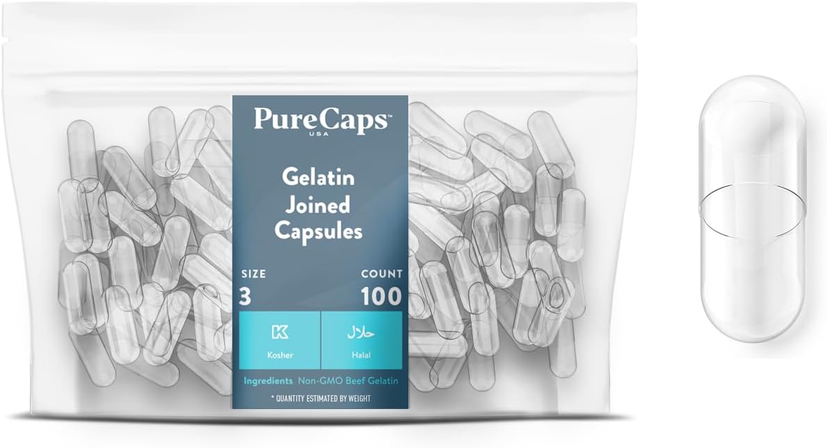 PureCaps USA - Cápsulas Vacías de Gelatina Tamaño 3 | 5000 Cápsulas Unidas | Transparentes | Certificado No GMO | Sin SLS, Gluten ni Conservantes