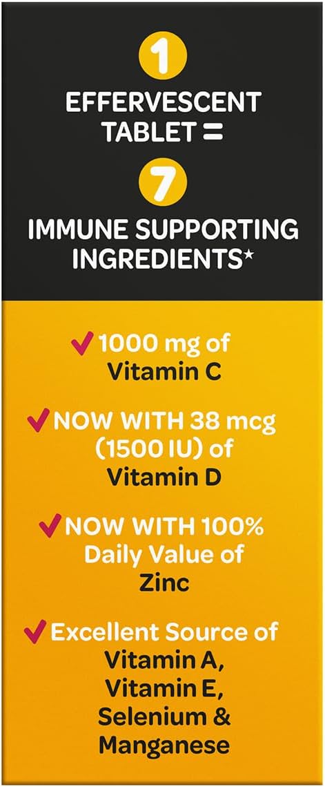 Airborne 1000mg Vitamina C con Vitamina D + Zinc Multivitamínico Sin Azúcar Comprimidos Efervescentes Sabor Very Berry, 30 Comprimidos (2 Pack)