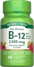 Nature's Truth Vitamina B12 2500 mcg con Ácido Fólico, Sabor Natural a Bayas, 180 Comprimidos (3 Envases de 60)