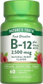Nature's Truth Vitamina B12 2500 mcg con Ácido Fólico, Sabor Natural a Bayas, 180 Comprimidos (3 Envases de 60)