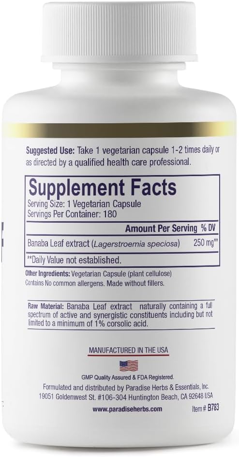 Paradise Herbs, Banaba Leaf, 12:1 Concentrated Extract, 250 mg, 180 Cápsulas