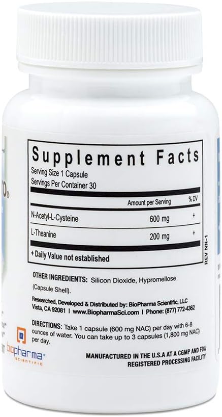 Biopharma Scientific NanoNeuro - Apoyo Cerebral con NAC 600mg y L-Theanine 200mg, 30 cápsulas