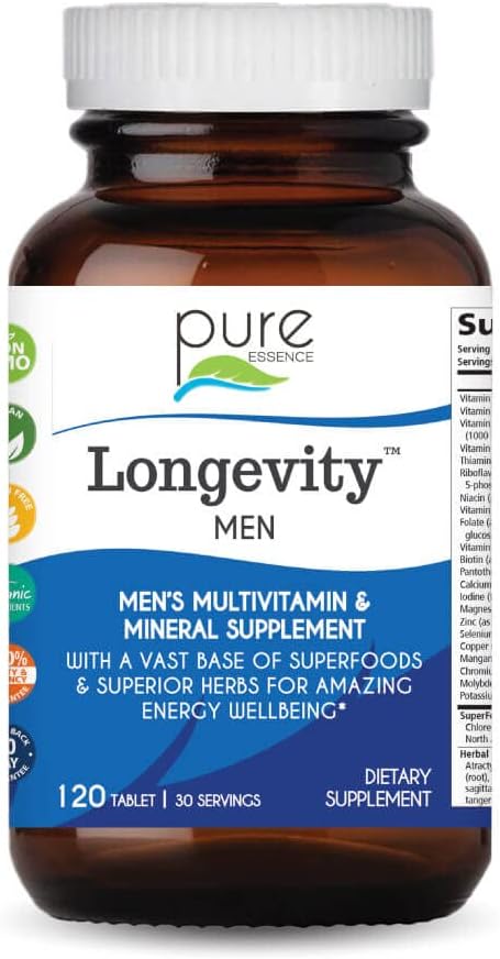 Pure Essence Labs Longevity Multivitamínico para Hombres Mayores de 40 Años - con Superalimentos, Minerales, Enzimas, Vitamina D3, B12, Biotina - 120 Comprimidos