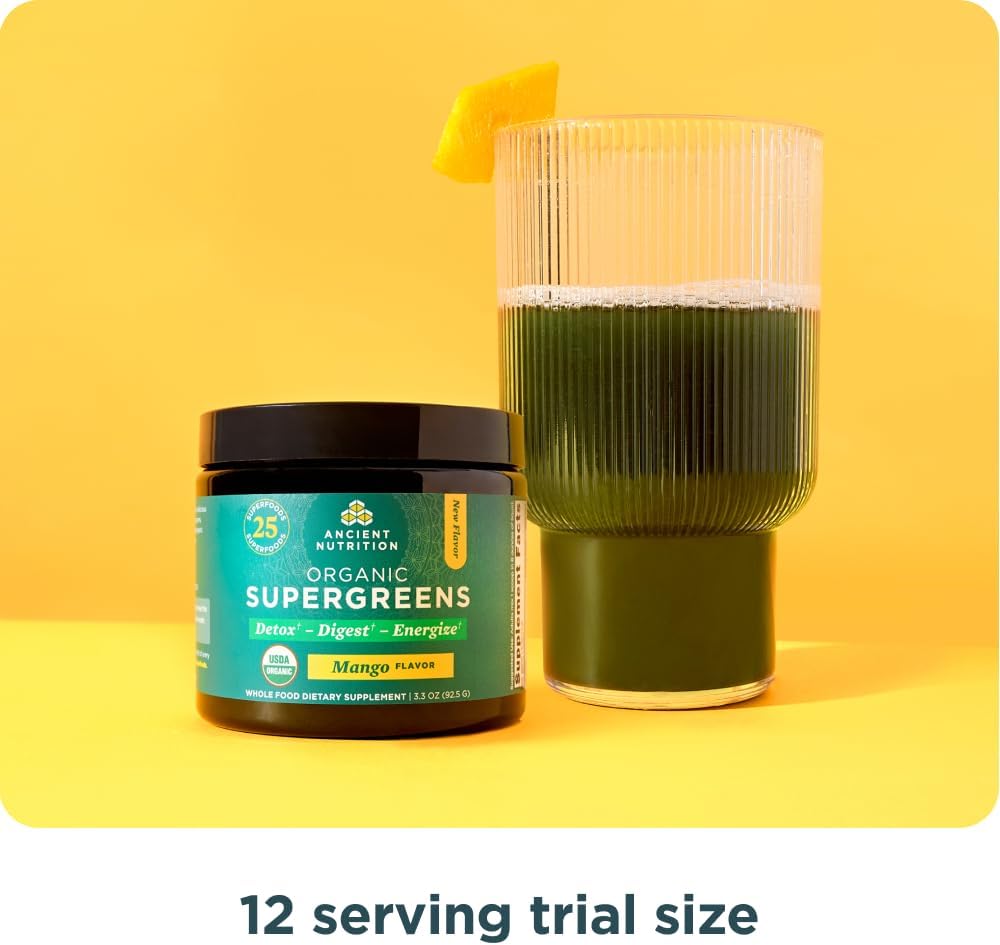 Ancient Nutrition SuperGreens Powder con Probióticos, Sabor Mango Orgánico, 12 servicios, 93 g