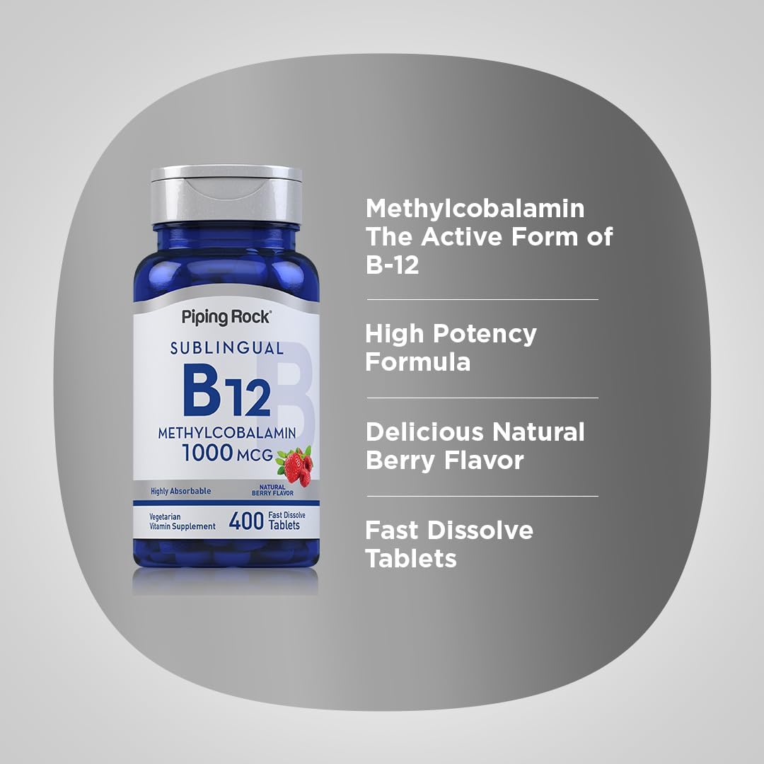 Piping Rock Vitamina B12 Sublingual | 1000 mcg | 400 Comprimidos | Metilcobalamina | Sabor a Frutos del Bosque