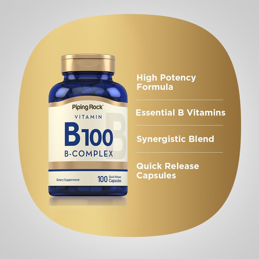 Piping Rock B-100 Complex | 100 Capsules | Vitamins B12, B1, B2, B6 | Non-GMO, Gluten-Free Supplement
