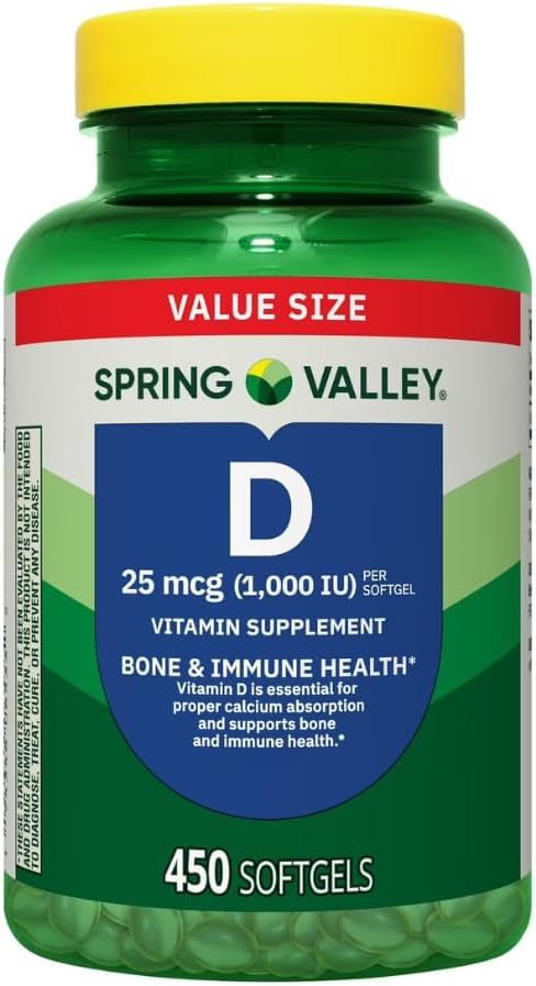 Spring Valley Vitamina D3 Suplemento en Cápsulas Blandas, 25 mcg (1.000 UI), 450 Unidades