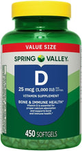 Spring Valley Vitamina D3 Suplemento en Cápsulas Blandas, 25 mcg (1.000 UI), 450 Unidades