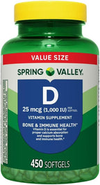 Spring Valley Vitamina D3 Suplemento en Cápsulas Blandas, 25 mcg (1.000 UI), 450 Unidades