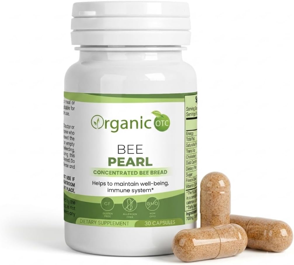 Cápsulas Orgánicas Bee Pearl – Pan de Abeja Concentrado – Mezcla Natural de Polen, Néctar y Enzimas con Vitaminas, Minerales y Polifenoles – 30 Cápsulas