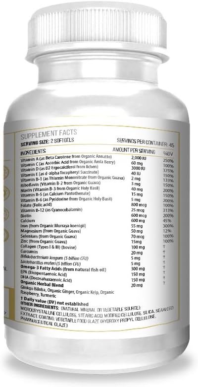 ACTIF Multivitamínico Orgánico para Mujeres Mayores de 80 Años con 20+ Factores Avanzados y Omega-3 – No OGM, 90 Cápsulas