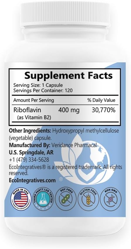 B2-400 Pure Riboflavin - 400 mg de riboflavina pura, 120 cápsulas