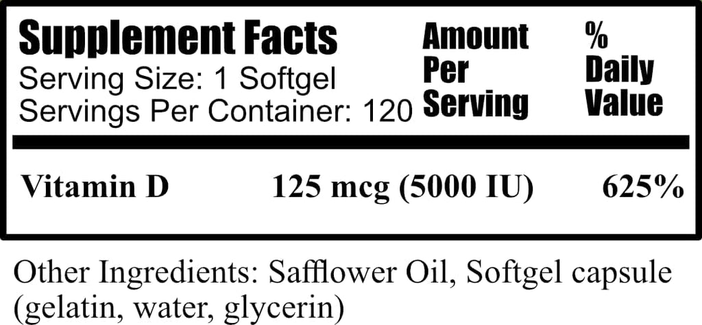 Vitamina D3 5000 IU (125 mcg) – 180 Cápsulas Blandas – Daily Manufacturing