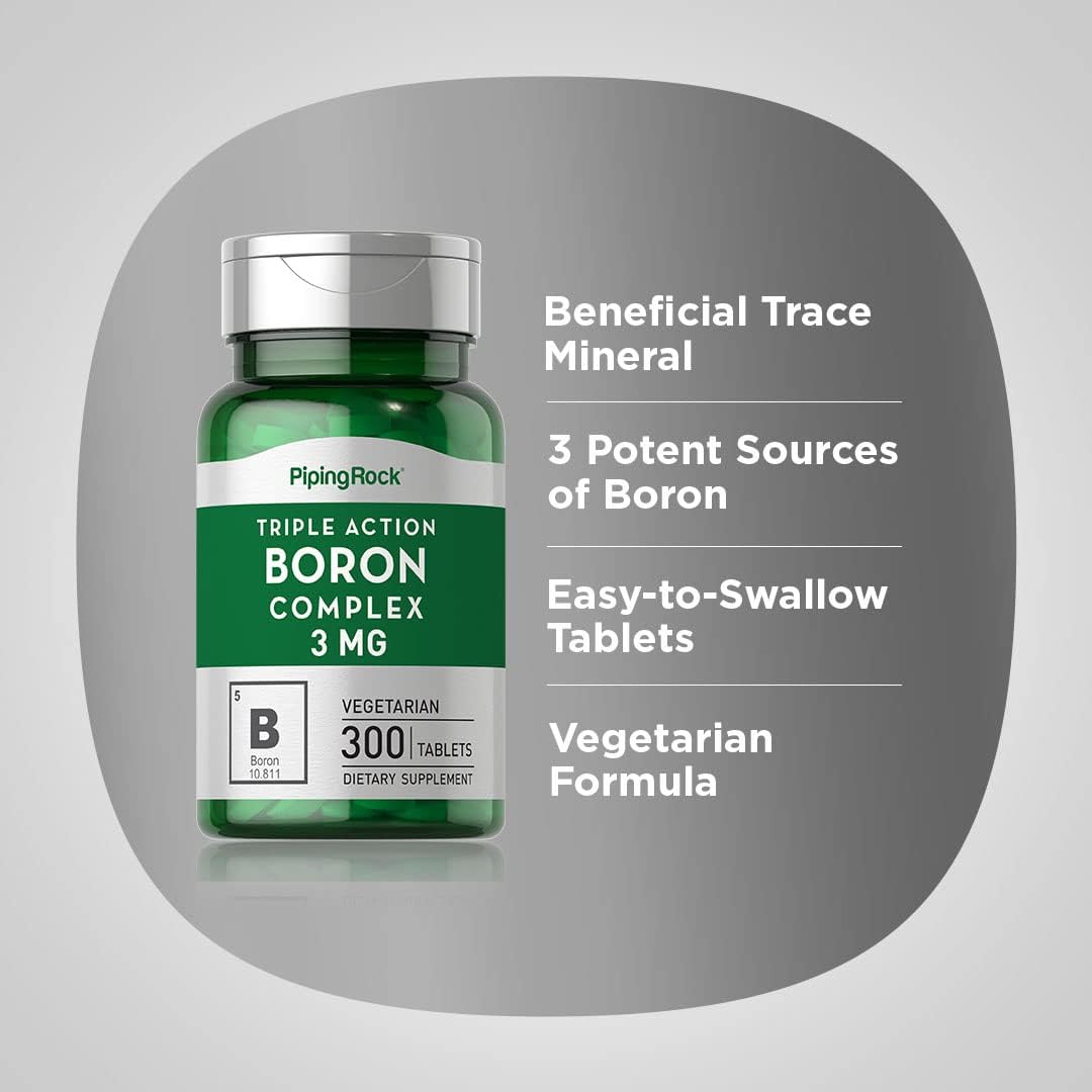 Piping Rock Boro Suplemento | 3 mg | 300 Comprimidos | Triple Complejo (Glicinato, Aspartato, Citrato) | Vegetariano, No Transgénico, Sin Gluten