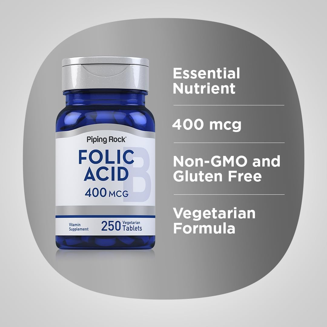 Piping Rock Ácido Fólico 400 mcg, 250 Comprimidos Vegetarianos
