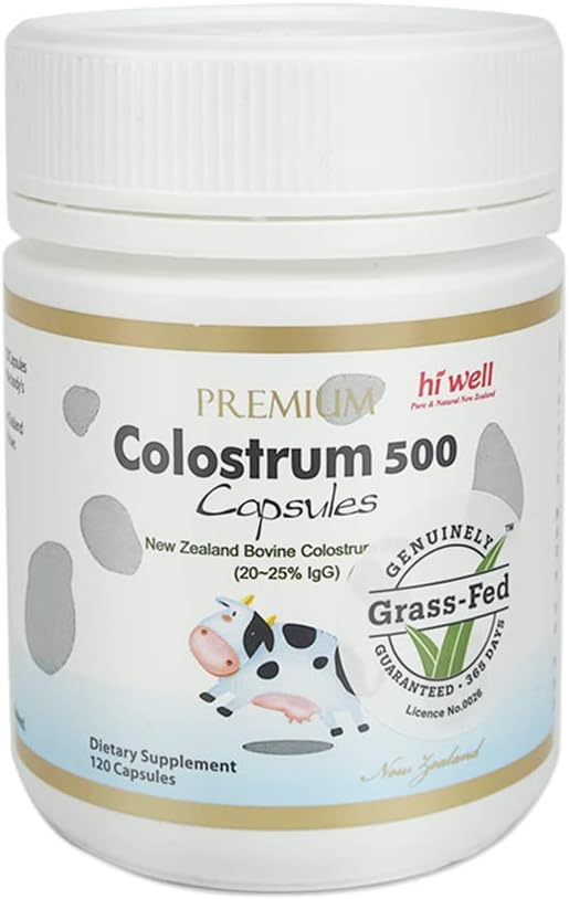 Hi Well Premium Calostro Bovino 100% Puro de Nueva Zelanda Grass-Fed 500mg 120 Cápsulas