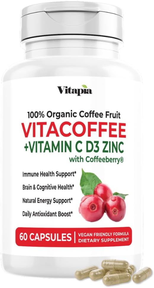 Vitacoffee Cápsulas de Cafeína - Fruta de Café, Vitamina C, D y Zinc - 60 Cápsulas Vegetales