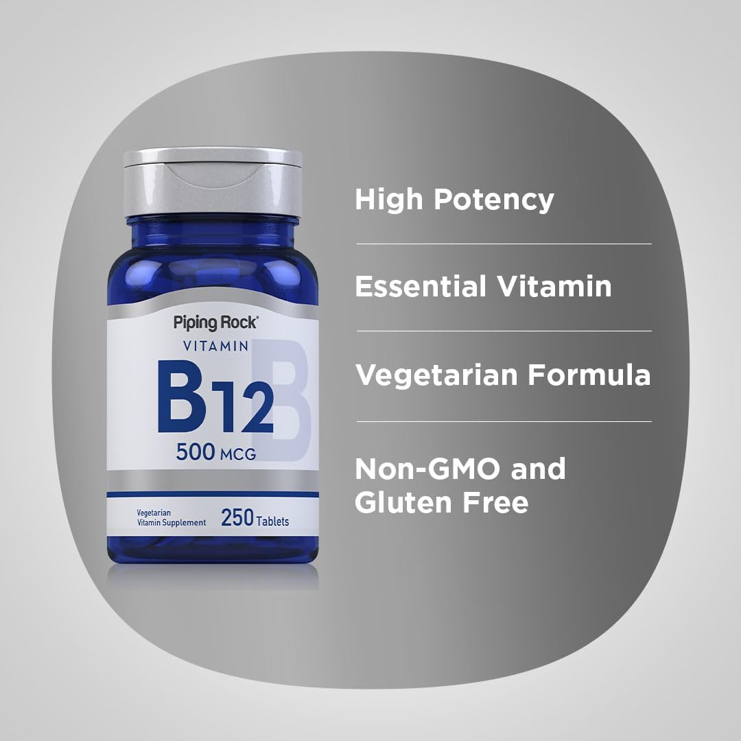 Piping Rock Vitamina B12 500 mcg | 250 Comprimidos | Cianocobalamina | Vegetariano, No GMO, Sin Gluten