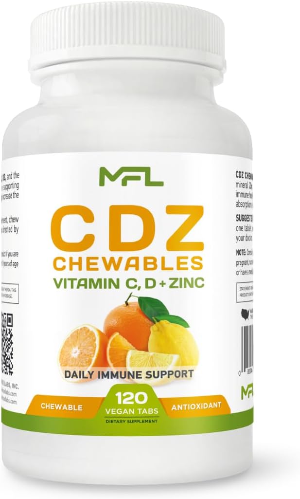 MUSCLE FOOD LABS C D Z Chewables - Vitamina C 1000 mg, Vitamina D3 y Zinc - 120 Comprimidos Masticables Vegetarianos