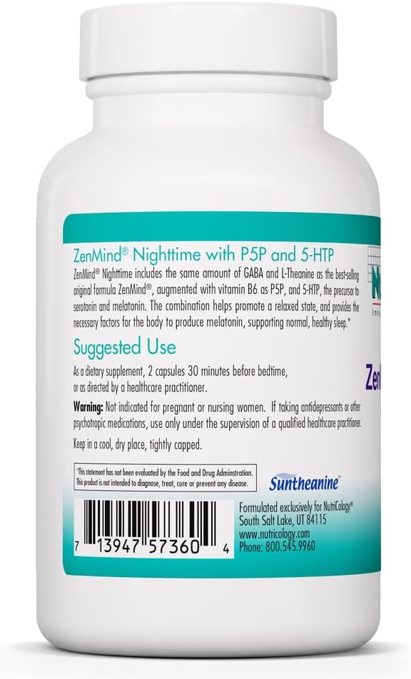 Nutricology ZenMind Nighttime - 550 mg GABA & 200 mg L-Teanina - Fórmula Nocturna - 60 Cápsulas Vegetarianas