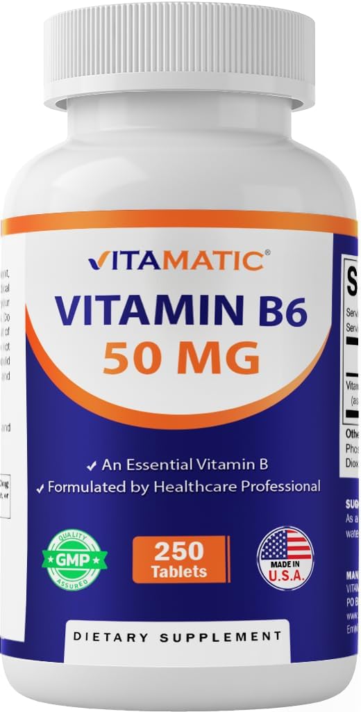 Vitamatic Vitamin B6 (Piridoxina HCI), 50 mg 250 Comprimidos Vegetarianos - Promueve la producción de energía, estimula el metabolismo y apoya el sistema inmunitario