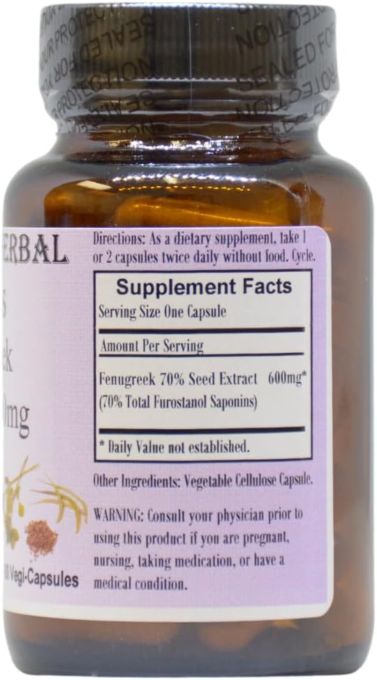 Extracto de Fenogreco Barlowe's Herbal Elixirs | 70% Furostanol Saponinas | 600 mg por Cápsula | 60 Cápsulas Vegetales | Sin OGM | Sin Estearatos | Frasco de Vidrio
