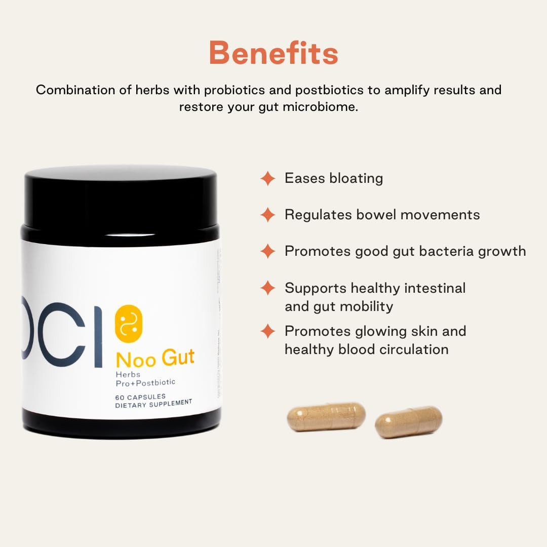 NOOCI NOO Gut, Intestino + Piel: Suplemento 3 en 1 para la Salud Intestinal con Hierbas, Probiótico y Postbiótico, Apoyo Digestivo contra la Hinchazón y el Estreñimiento, 60 Cápsulas Veganas